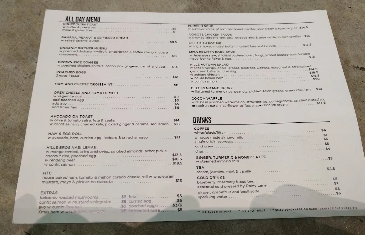 Menu, Hills Bros Cafe