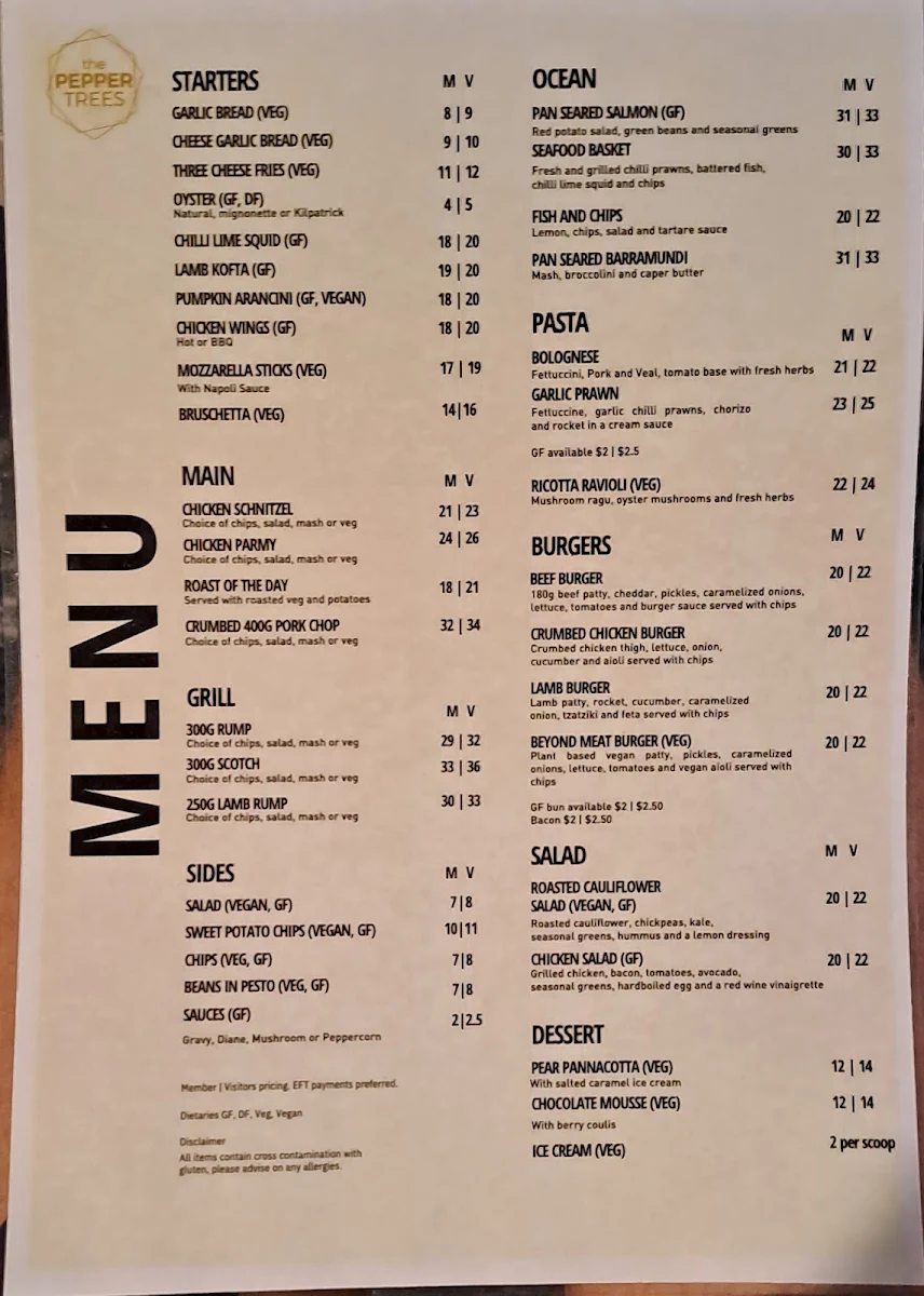 Menu, The Pepper Trees