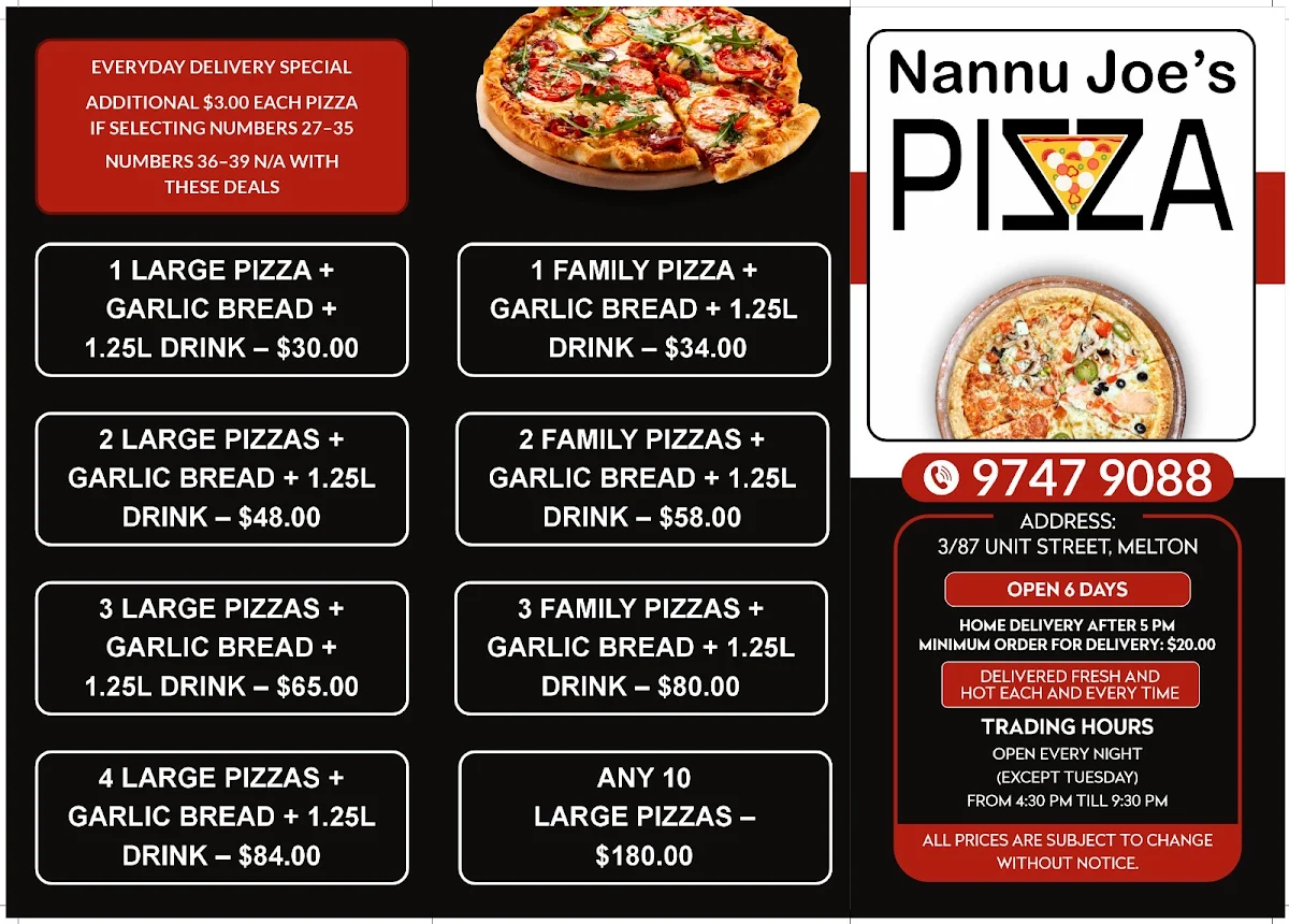 Menu, Nannu Joe's Pizza