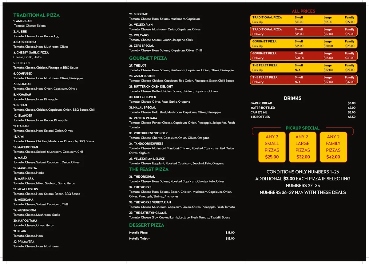 Menu, Nannu Joe's Pizza