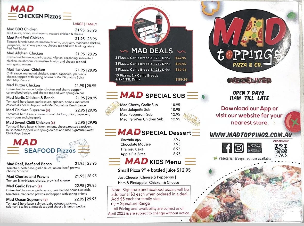 Menu, Mad Toppings Blacktown