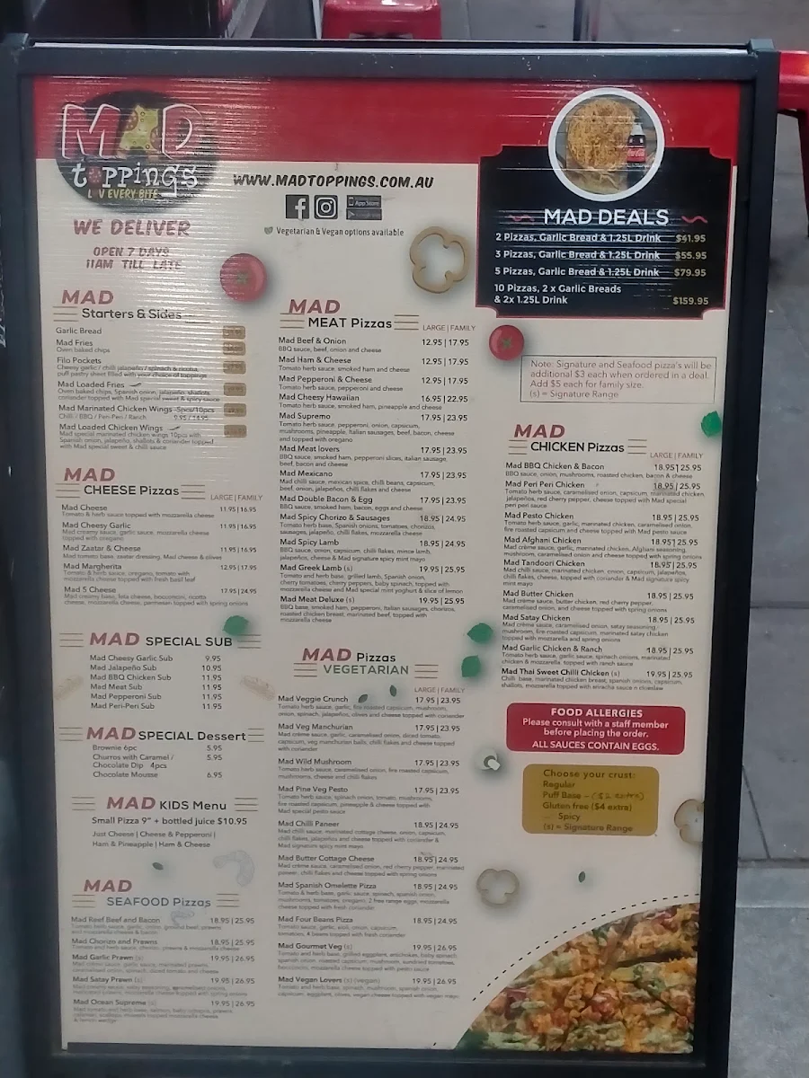 Menu, Mad Toppings Blacktown