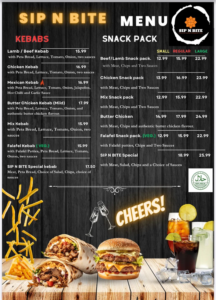 Menu, SIP N BITE KEBABS AND BURGERS