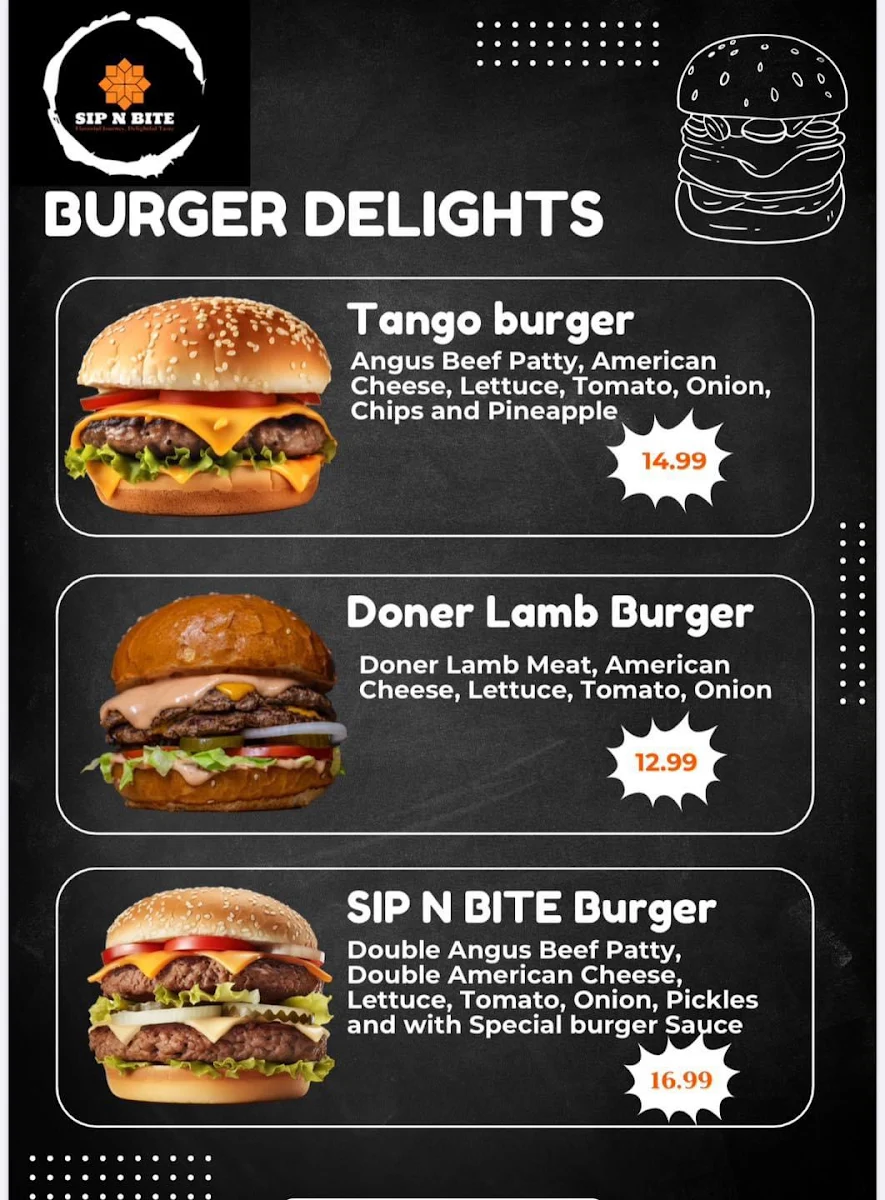 Menu, SIP N BITE KEBABS AND BURGERS