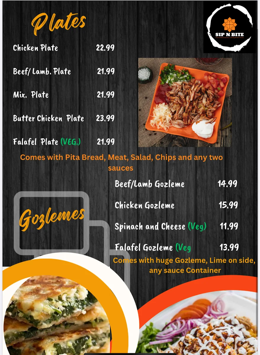 Menu, SIP N BITE KEBABS AND BURGERS