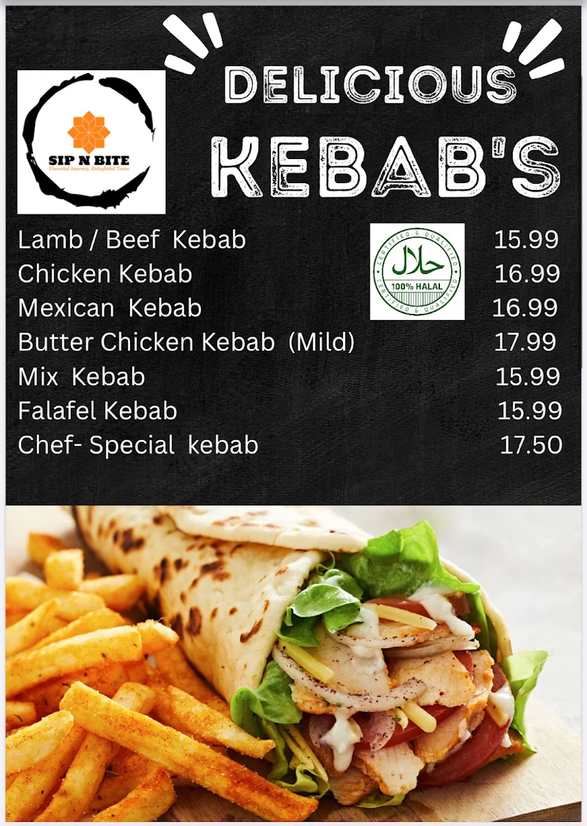 Menu, SIP N BITE KEBABS AND BURGERS