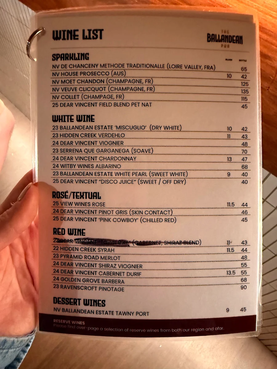 Menu, Ballandean Pub & Motel