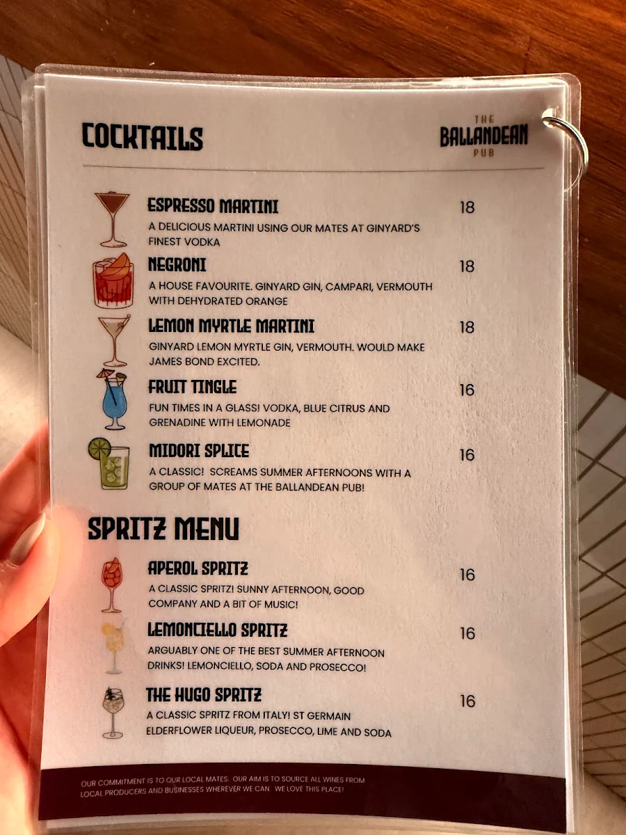 Menu, Ballandean Pub & Motel