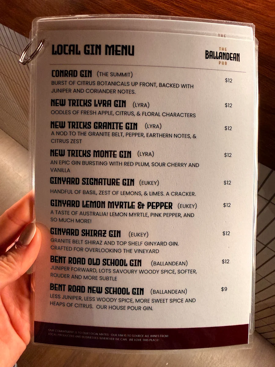 Menu, Ballandean Pub & Motel