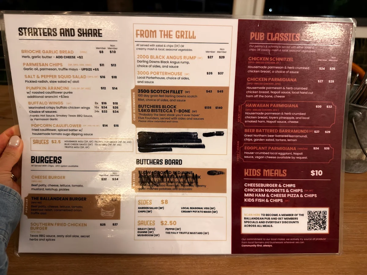 Menu, Ballandean Pub & Motel