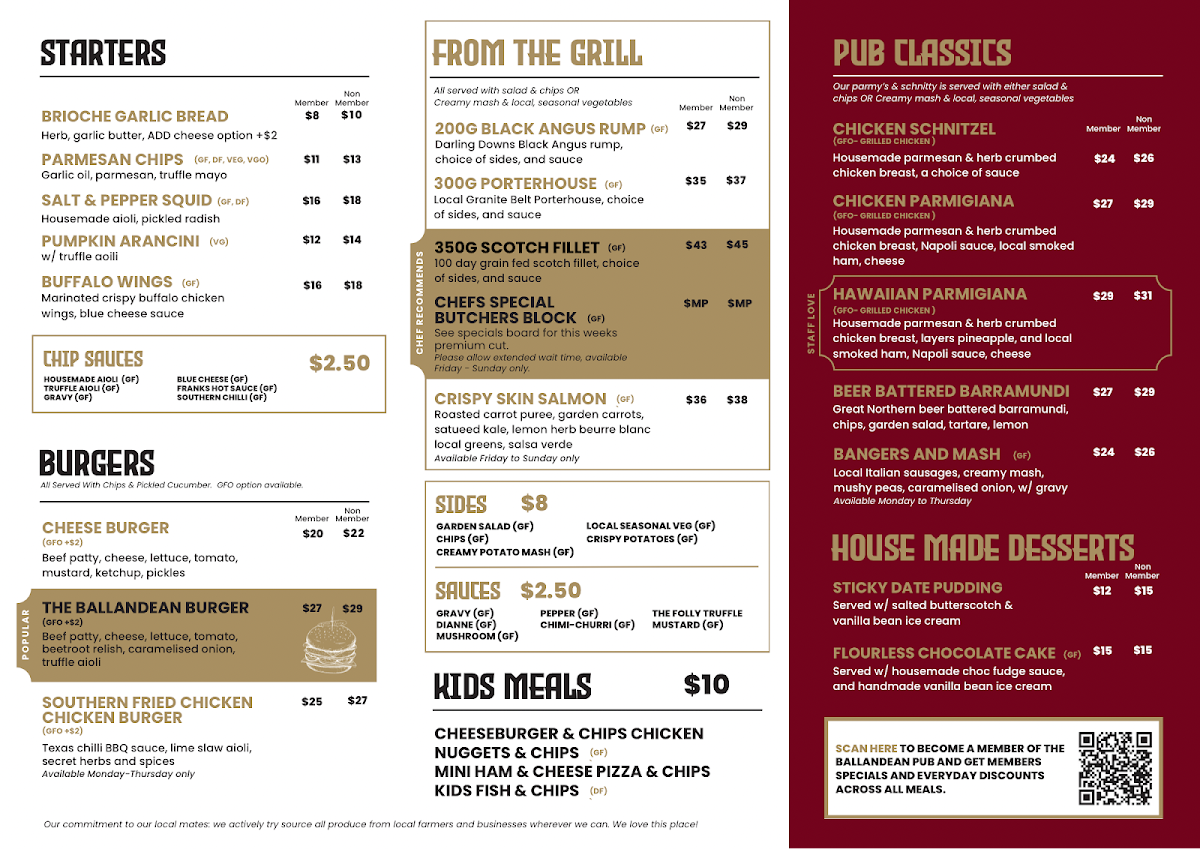Menu, Ballandean Pub & Motel