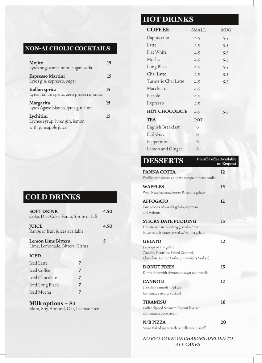 Menu, La Velluto Restaurant