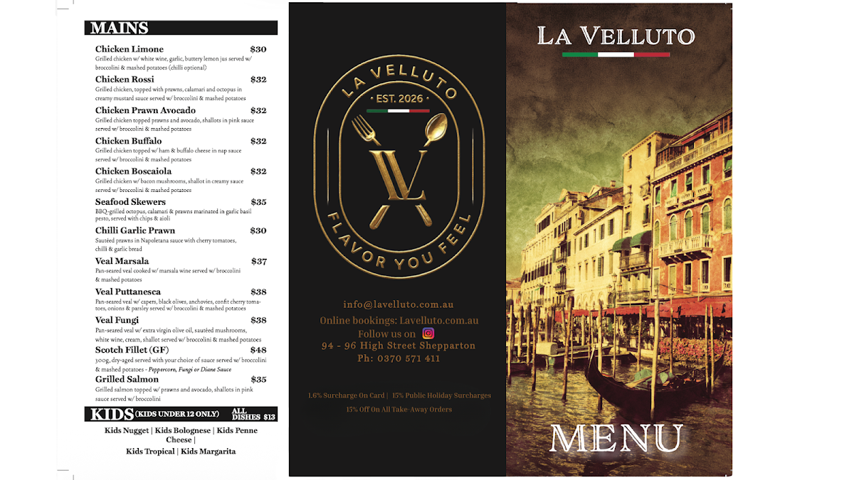 Menu, La Velluto Restaurant