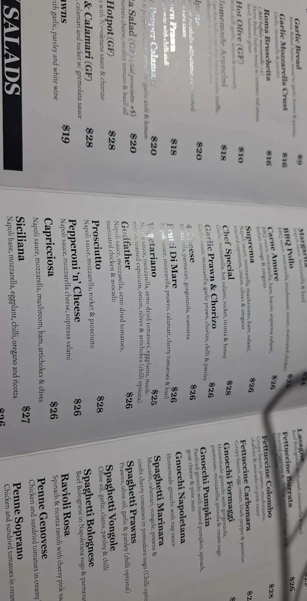 Menu, La Velluto Restaurant