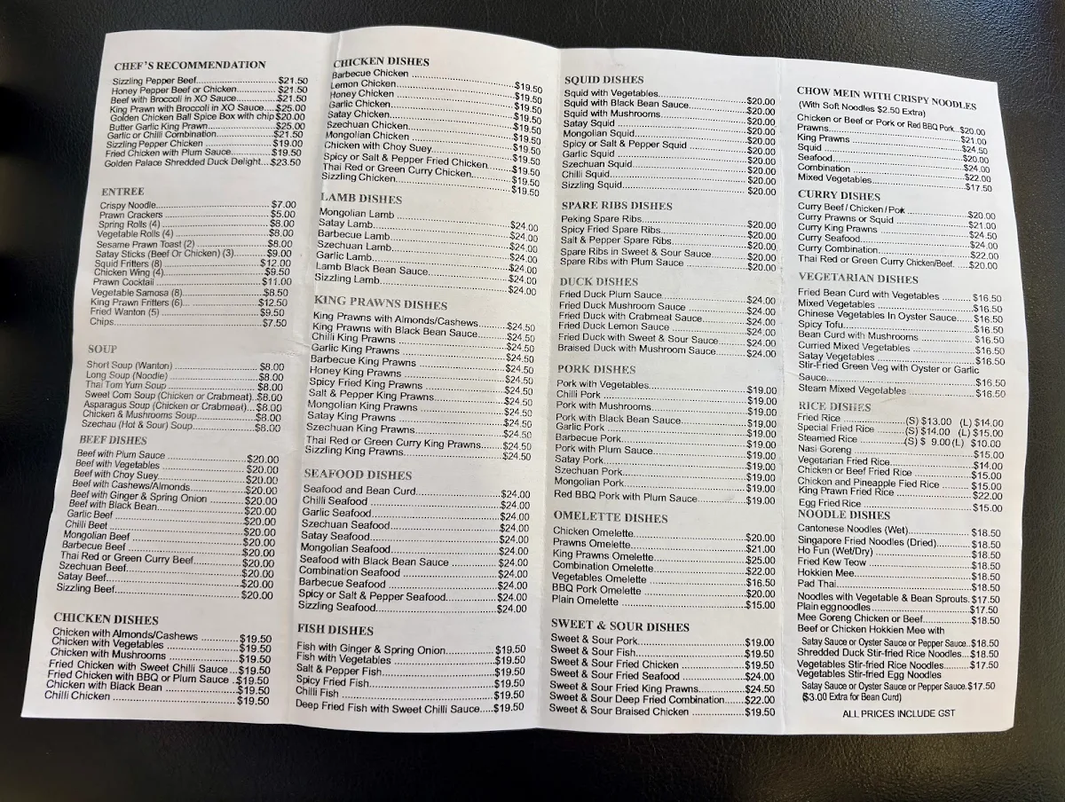 Menu, Golden Palace Chinese