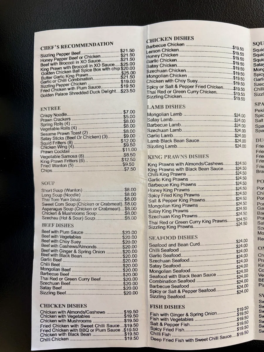 Menu, Golden Palace Chinese