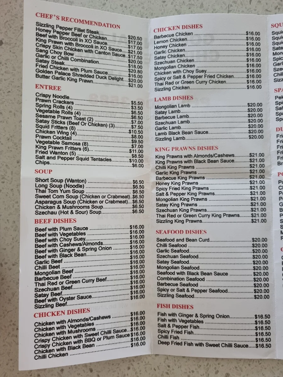 Menu, Golden Palace Chinese