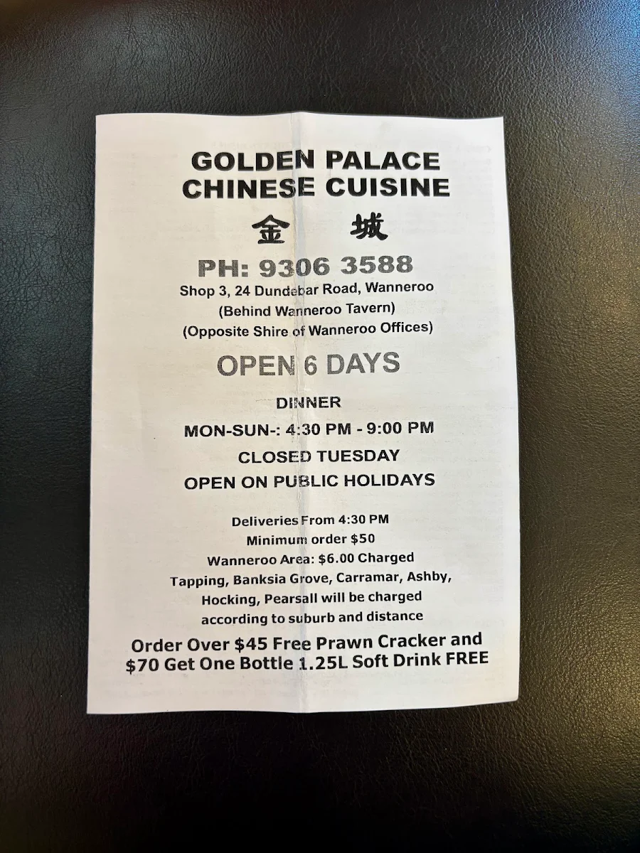 Menu, Golden Palace Chinese