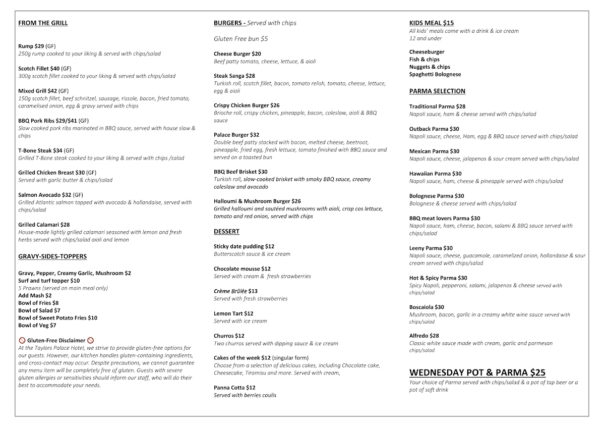 Menu, Taylor's Palace Hotel