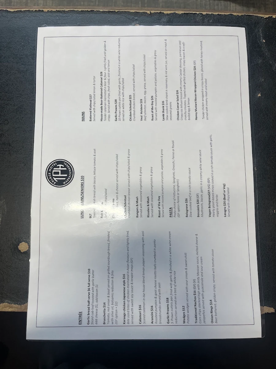 Menu, Taylor's Palace Hotel