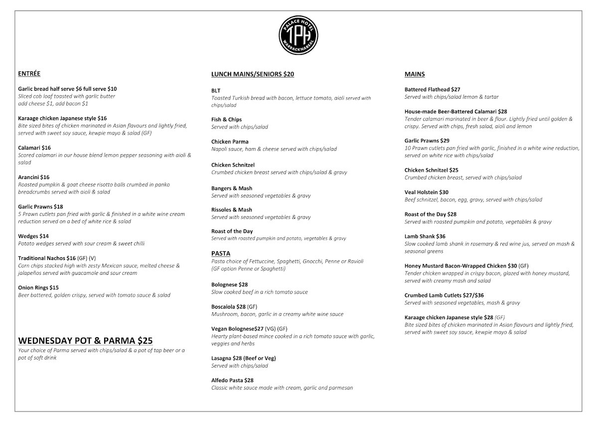Menu, Taylor's Palace Hotel