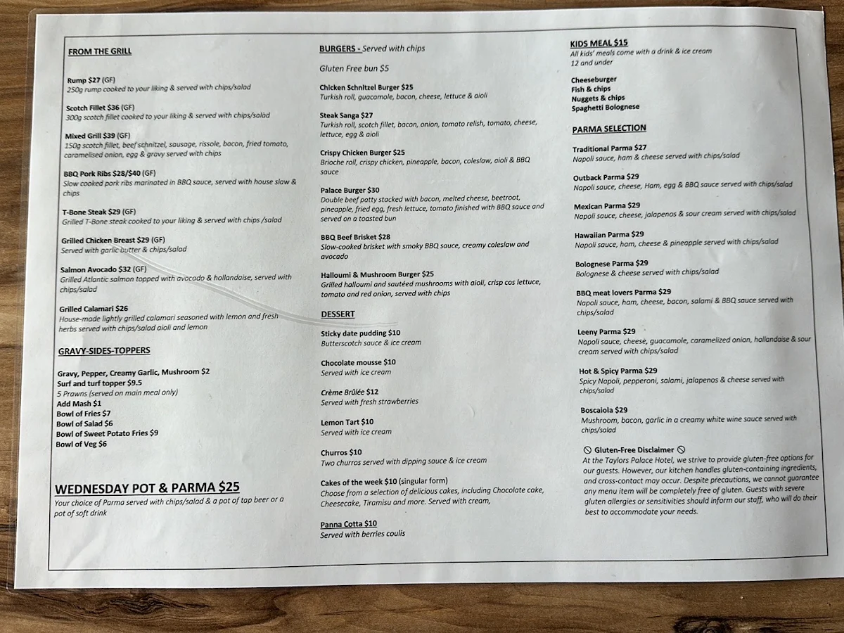 Menu, Taylor's Palace Hotel