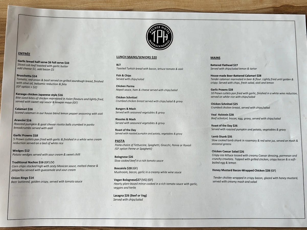 Menu, Taylor's Palace Hotel