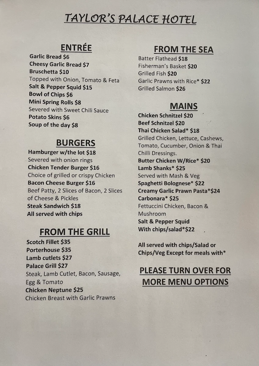 Menu, Taylor's Palace Hotel