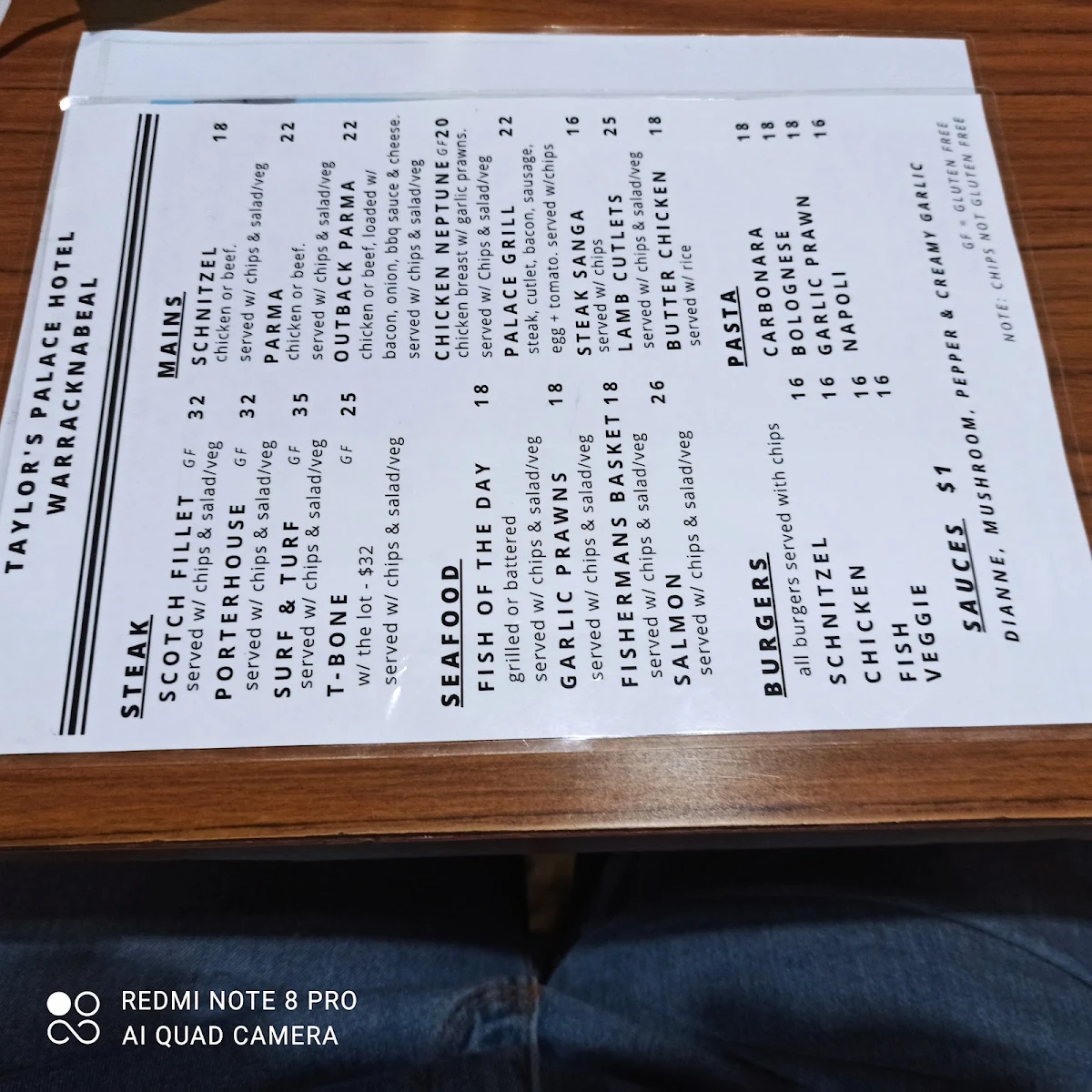 Menu, Taylor's Palace Hotel