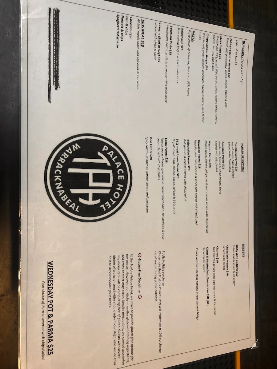 Menu, Taylor's Palace Hotel