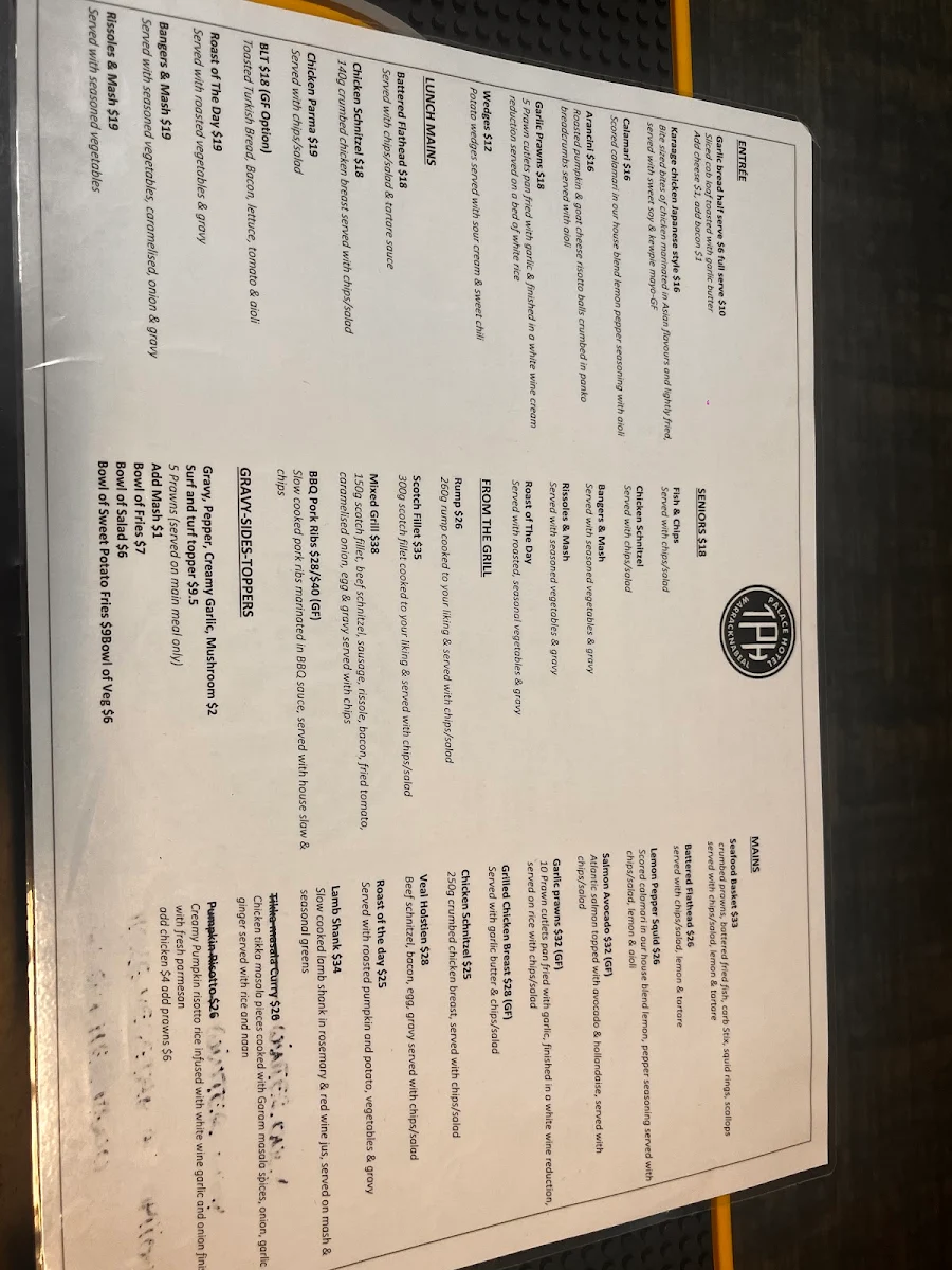Menu, Taylor's Palace Hotel