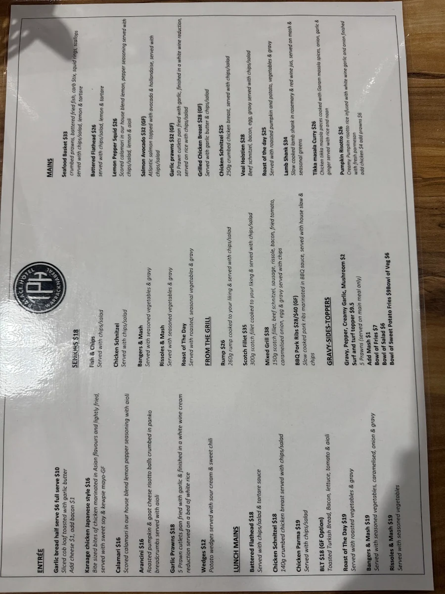 Menu, Taylor's Palace Hotel