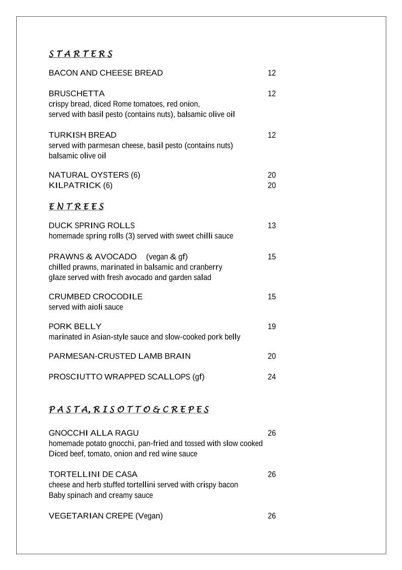 Menu, Table 51