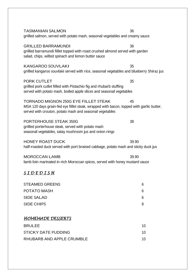 Menu, Table 51