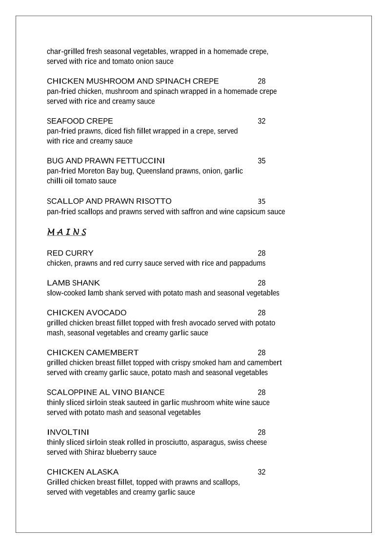 Menu, Table 51