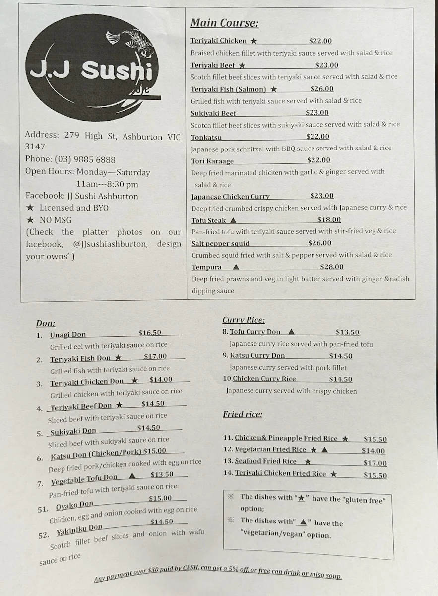 Menu, JJ Sushi
