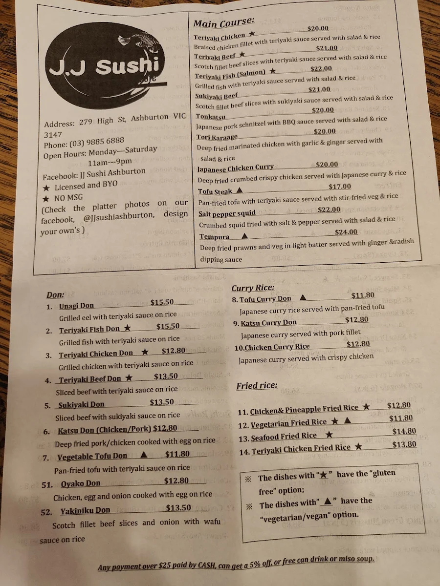 Menu, JJ Sushi