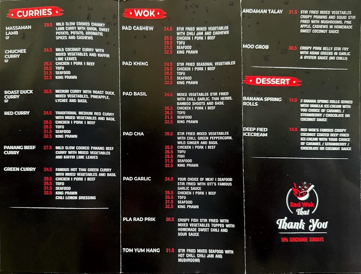 Menu, Red Wok Thai