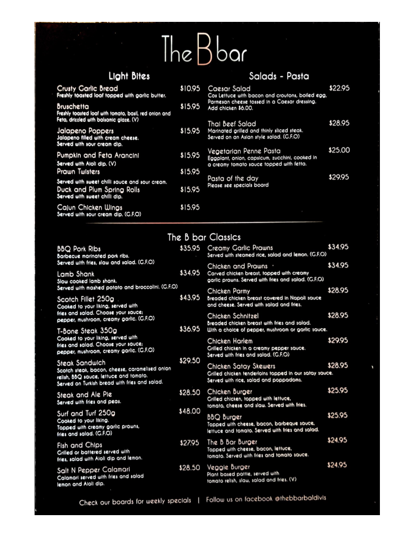 Menu, The B Bar Baldivis