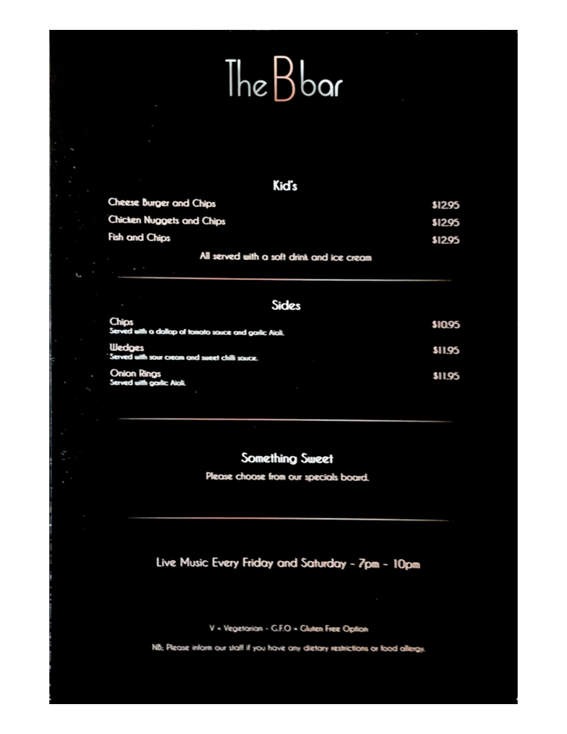 Menu, The B Bar Baldivis