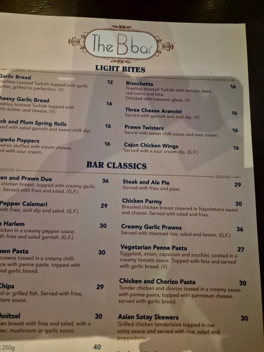 Menu, The B Bar Baldivis