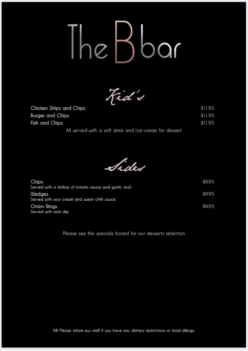 Menu, The B Bar Baldivis