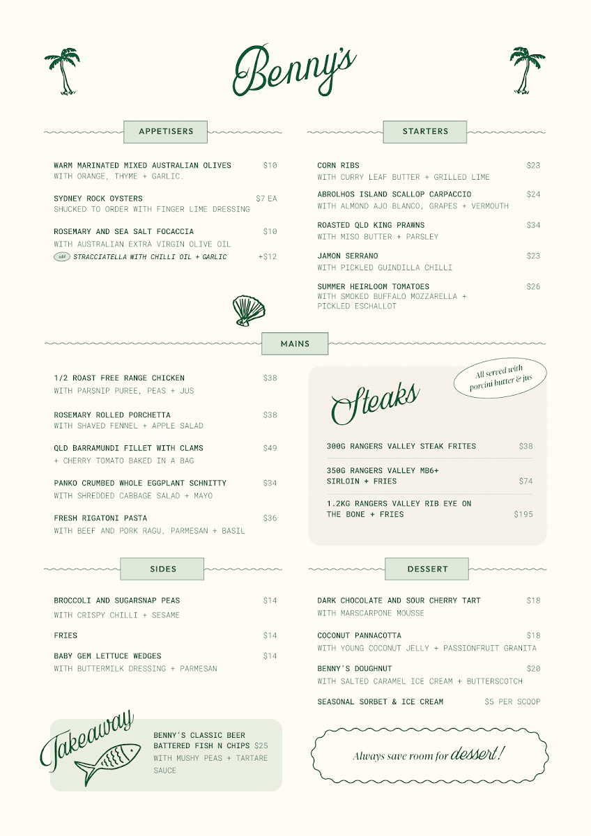 Menu, Benny's Cronulla