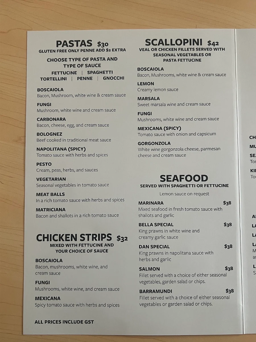 Menu, Bella Cibo Italiano, Newport