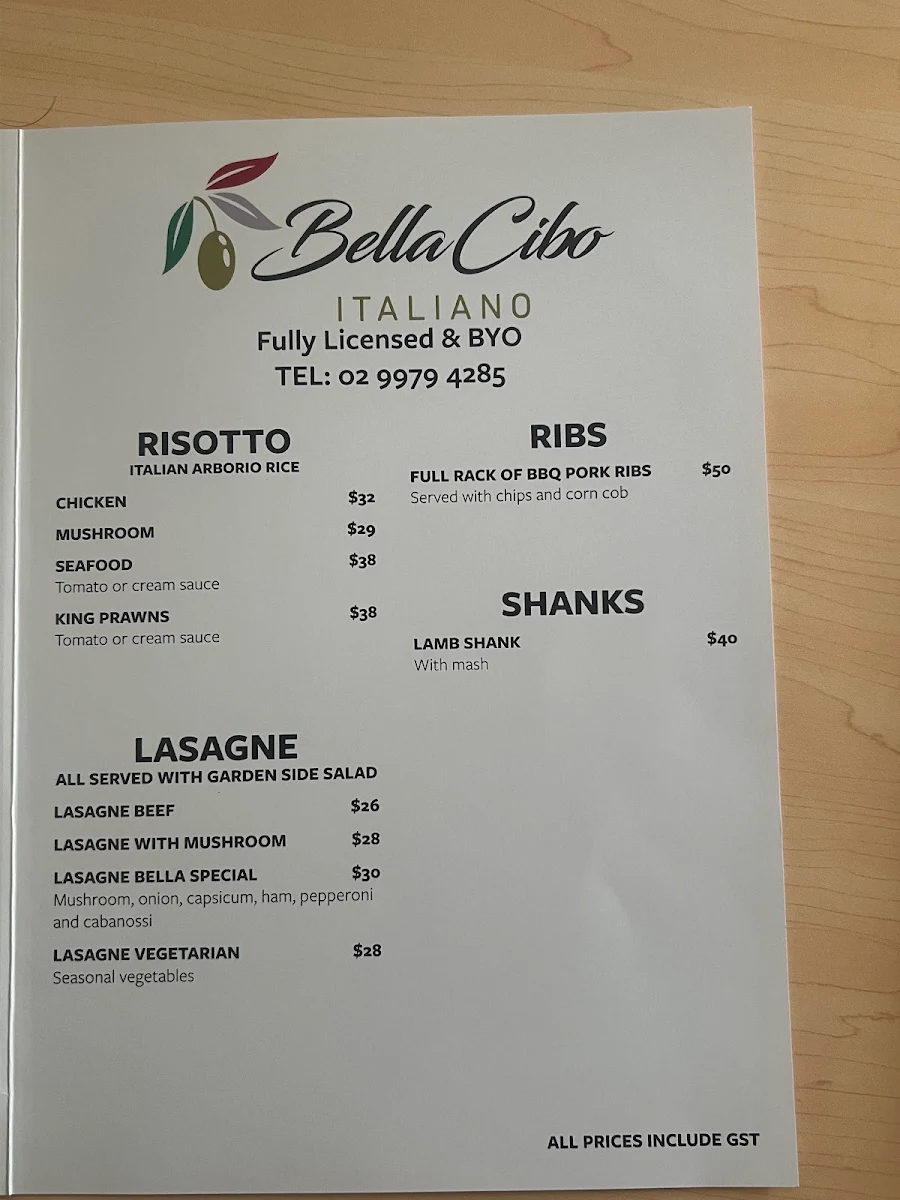 Menu, Bella Cibo Italiano, Newport