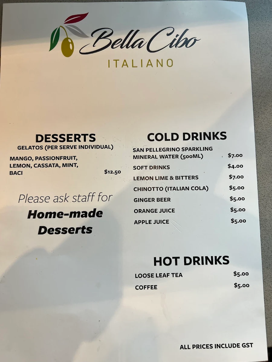 Menu, Bella Cibo Italiano, Newport