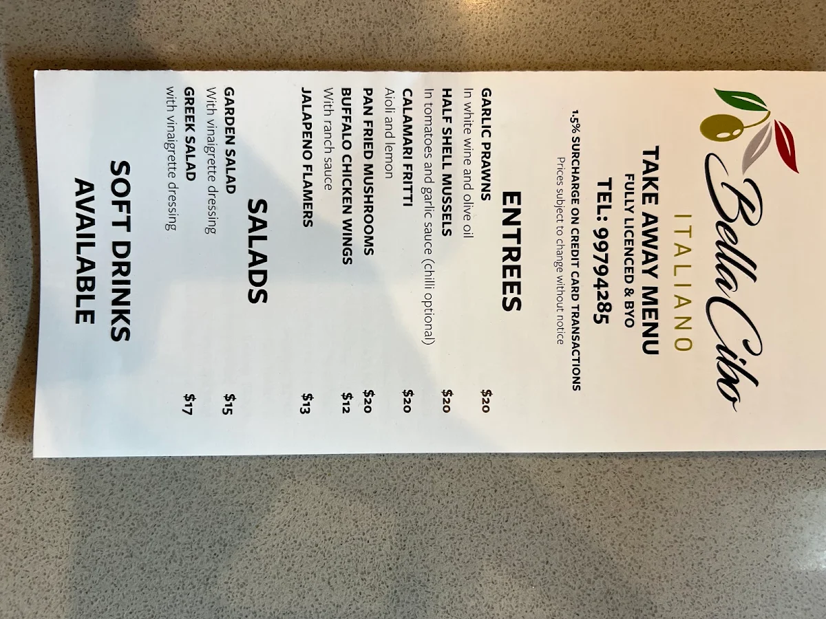 Menu, Bella Cibo Italiano, Newport