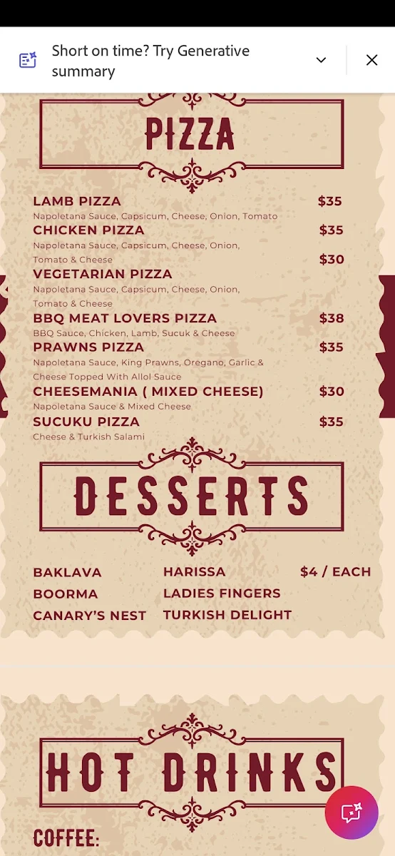 Menu, Al sultan Restaurant