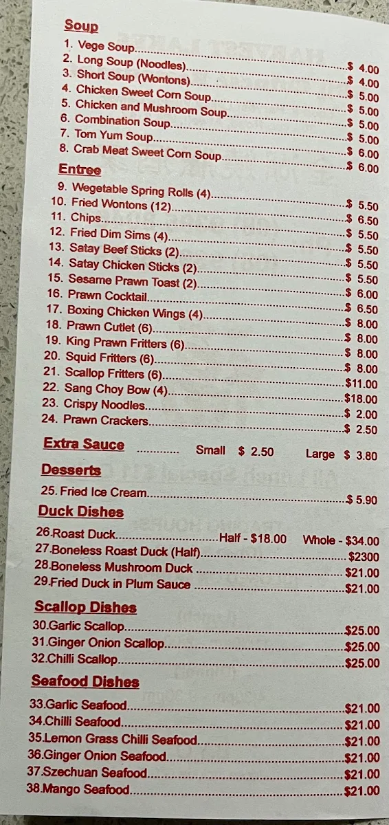 Menu, Harvest Lakes BBQ Chinese Restaurant