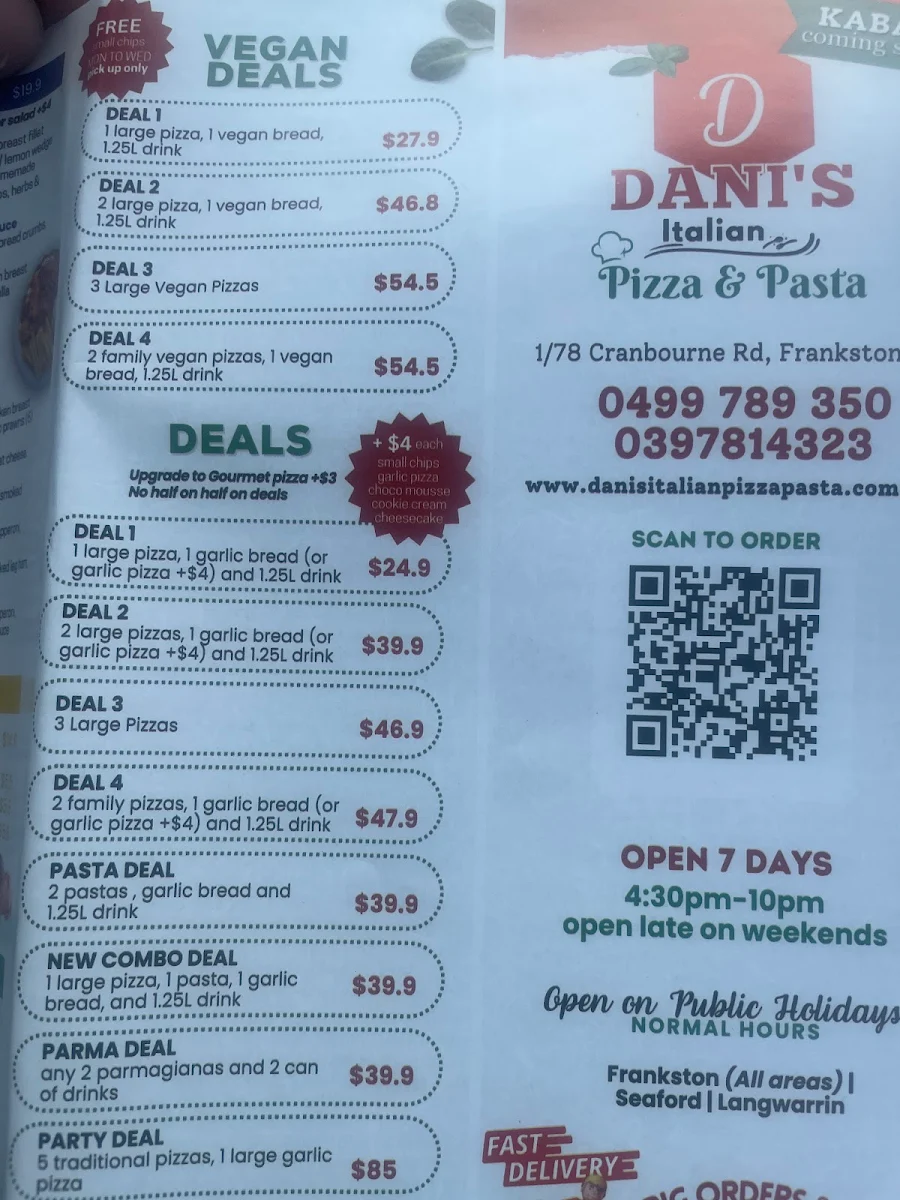 Menu, Dani's Italian Pizza & Pasta